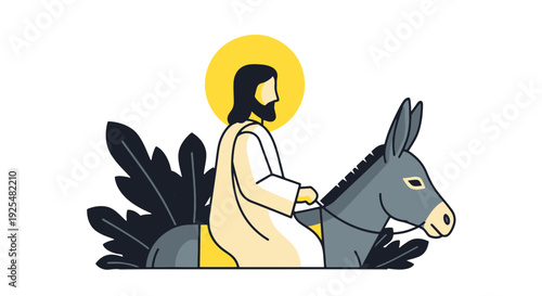 Palm Sunday Celebration Jesus Riding Donkey Among Palm Branches for Holy Week Procession