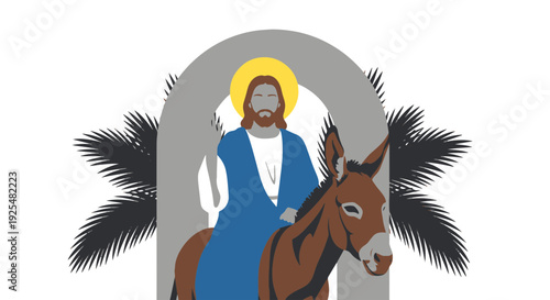 Jesus Riding Donkey on Palm Sunday with Palm Fronds and Archway in Flat Religious Design