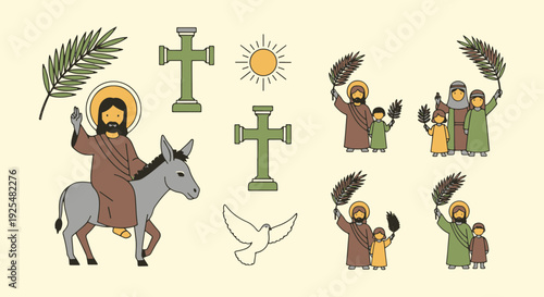 Palm Sunday Elements Jesus on Donkey People with Palm Leaves Various Crosses Sun and Dove