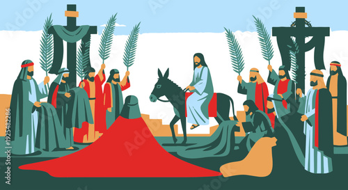 Palm Sunday Triumphant Entry into Jerusalem Jesus on Donkey Crowds with Palms and Cloaks