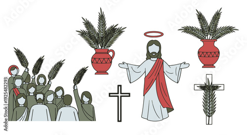 Palm Sunday Celebration with Jesus and Crowd Waving Palm Fronds Symbolizing Holy Week