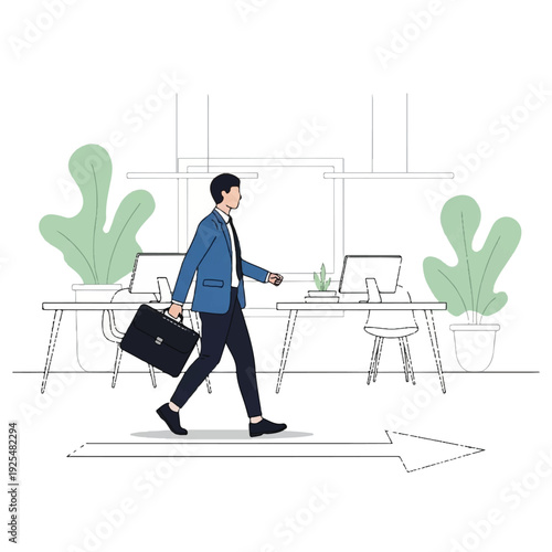 Ambitious businessman walking with a briefcase in a modern office, symbolizing career progression, professional growth, and the journey towards success