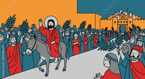Palm Sunday Jesus Entry into Ancient City with Joyous Crowds Waving Palm Branches and a Donkey
