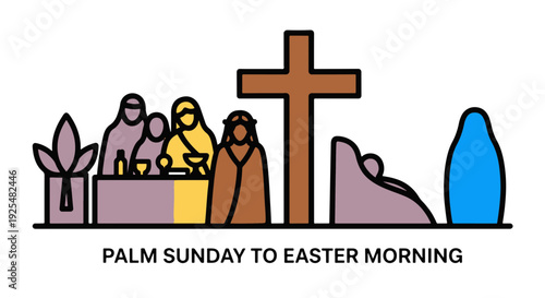 Palm Sunday to Easter Morning Christian Holy Week Journey with Disciples and Cross Symbolism