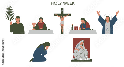 Holy Week Christian Journey Depicting Palm Sunday Last Supper Crucifixion and Resurrection