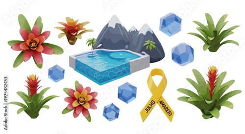 A colorful vector graphic illustration of a pool surrounded by tropical flowers and mountains