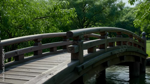 Wooden Arch Bridge Over Calm Water Surrounded by Lush Green Trees in a Serene Park