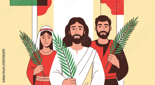 Palm Sunday Celebration with Faithful Holding Palm Fronds Symbolizing Jesus Triumphant Entry