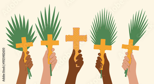 Diverse Hands Holding Palm Sunday Crosses and Green Fronds Celebrating Holy Week Faith