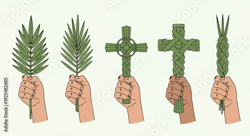 Variety of Palm Sunday Traditional Religious Symbols Including Woven Crosses and Fronds Held by Hands