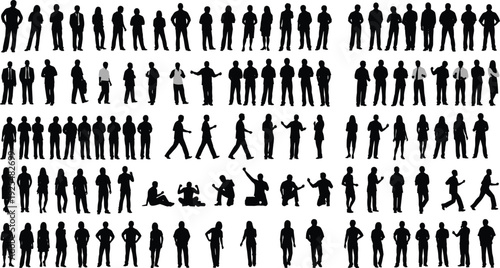 Collection, of, black, human, silhouettes, in, grid, pattern, people, standing, walking, sitting, dancing, poses, various, positions, for, graphic, design, vector.