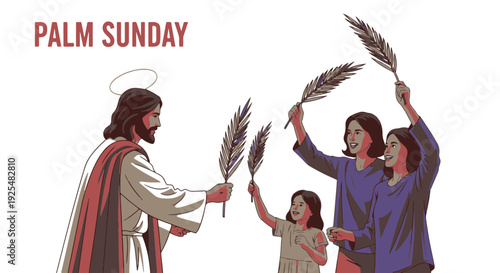 Palm Sunday Celebration with Jesus and Worshippers Holding Palm Branches in Festive Gathering