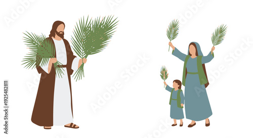 Palm Sunday Religious Celebration Featuring Jesus and Devoted People Holding Palm Branches