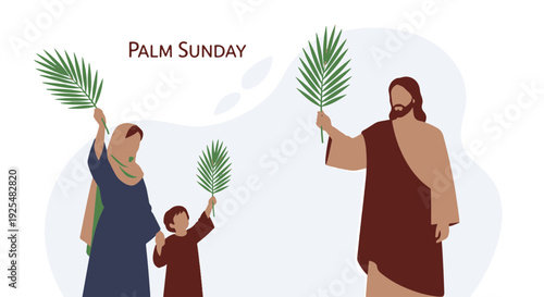 Palm Sunday Scene Depicting Jesus Worshipers and Children with Palm Fronds Symbolic Religious Holiday
