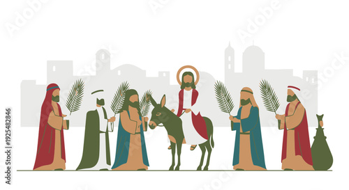 Palm Sunday Procession with Jesus on Donkey Followers Holding Palms City Buildings Silhouette