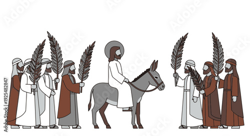 Palm Sunday Entrance into Jerusalem Featuring Jesus on a Donkey and Waving Palms