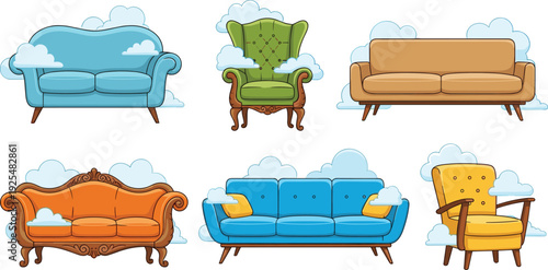 Vintage and Modern Sofa Vector Set with Colorful Living Room Couches and Armchairs Isolated Furniture Collection