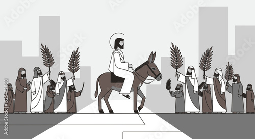 Palm Sunday Arrival of Jesus Christ on a Donkey Welcomed by Diverse Crowds Holding Palm Fronds