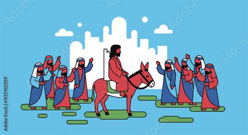 Palm Sunday Scene with Jesus Riding a Donkey Through Jerusalem Welcomed by a Waving Crowd