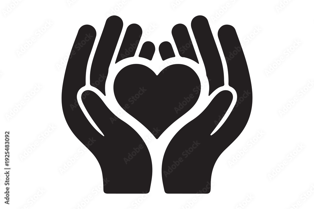 Obraz premium Minimalist silhouette of hands holding a heart for charity, healthcare, and love concepts.