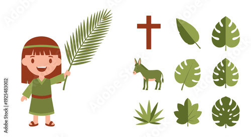 Child with Palm Leaf Donkey and Cross Symbol for Palm Sunday Celebration Holy Week