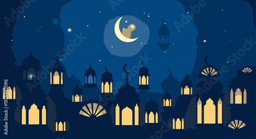 A serene nighttime scene with illuminated buildings and a crescent moon.