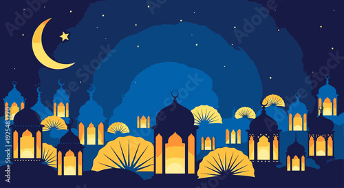 A serene nighttime cityscape with illuminated buildings and a crescent moon.