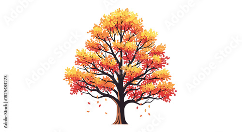 Vibrant autumn tree with colorful orange and red leaves, isolated on a white background, depicting the beauty of the fall season.