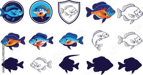 Fish mascot logo vector set with colorful freshwater seafood characters silhouettes and badge emblems for fishing club market and sport branding.