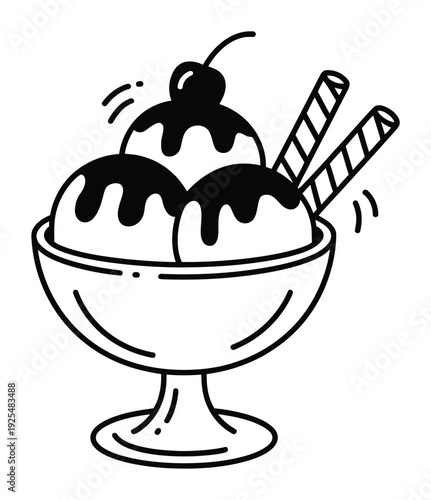 Delicious Ice Cream Sundae with Cherry and Wafer Sticks