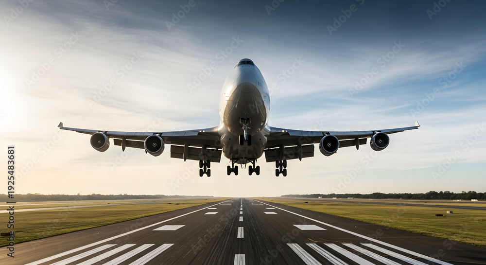 Obraz premium Large airplane taking off from a runway at sunrise with clear sky in the background