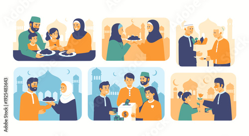 Diverse people sharing food and smiling.