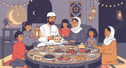 Muslim family gathering for iftar meal.
