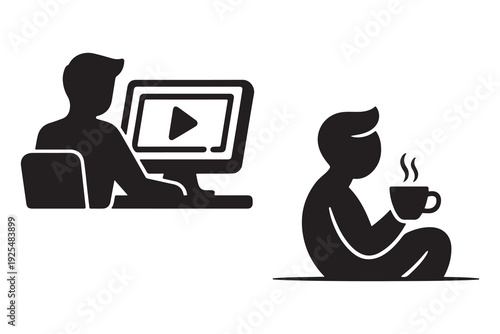 Minimalist icons for online education, streaming, and coffee break moments.