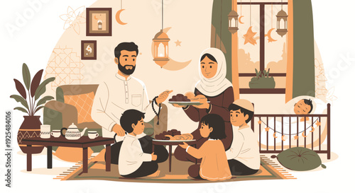 A Muslim family gathering for iftar during Ramadan.