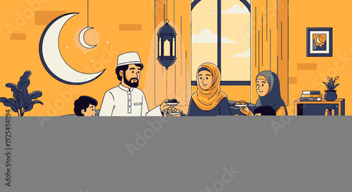Illustration of a Muslim family breaking their fast during Ramadan.