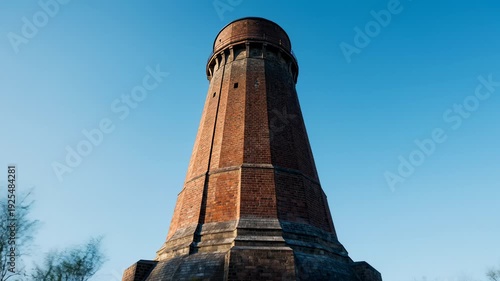 Historic Brick Water Tower Against Clear Blue Sky, Low Angle View