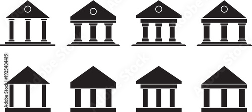 Black and white illustration of six identical bank buildings