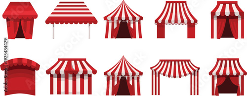 Red Circus Tent Vector Set with Carnival Canopy Booths and Fair Market Stalls Isolated Collection