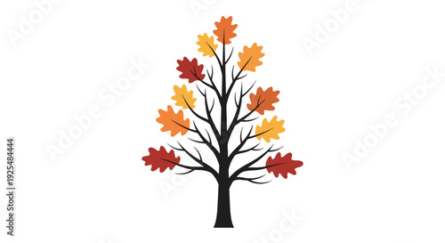 Stylized autumn tree with colorful red, orange, and yellow oak leaves on bare branches against a white background.