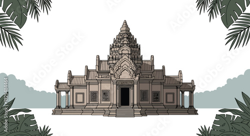 Detailed illustration of an ancient Southeast Asian temple with intricate architecture, surrounded by lush jungle foliage and tropical leaves.
