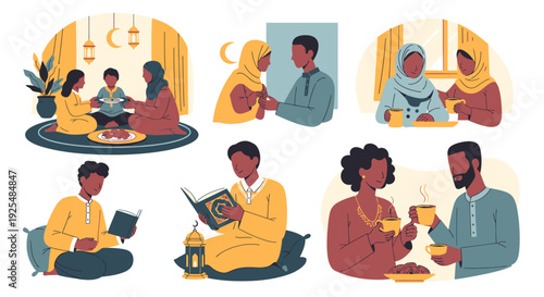 Ramadan Kareem illustration with people breaking their fast.