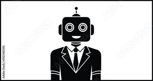 Minimalist, black, and, white, robot, icon, wearing, business, suit, tie, square, head, antenna, smiling, ai, corporate, professional, avatar, character, illustration.