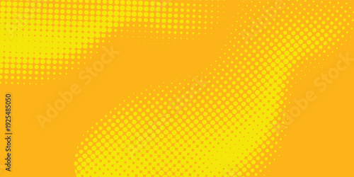 Yellow halftone pattern. Retro comic gradient background. Bright orange pixelated dotted texture overlay concept.