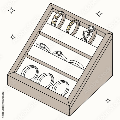 A wooden display box with various bracelets