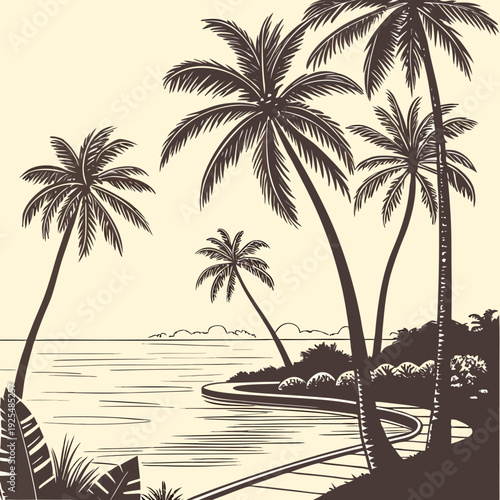 A tropical beach with palm trees on a sunny day
