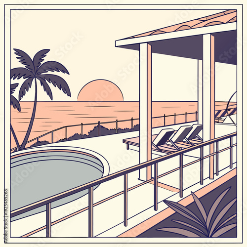 A serene beachside resort at sunset with a pool