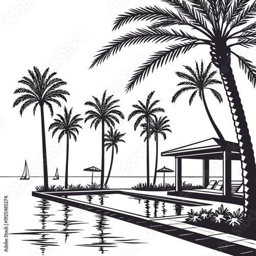 A black and white drawing of a tropical island with palm trees and a gazebo