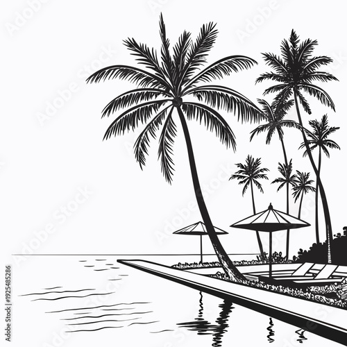 A black and white drawing of palm trees on a beach