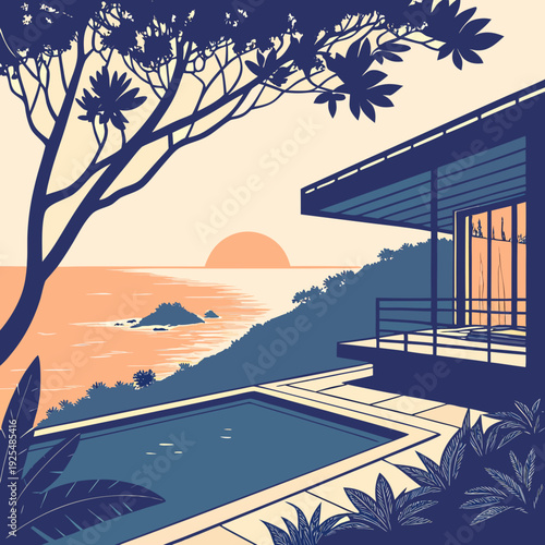 A serene oceanfront property at sunset with a pool